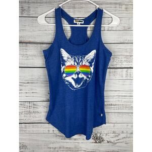 Tipsy Elves Blue Razorback Tank Top Cat Aviator Sunglasses Small Funny Weird